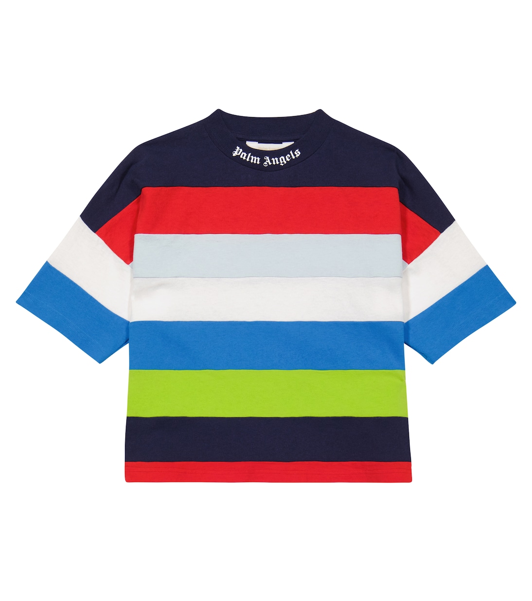 Футболка из хлопкового джерси в полоску Palm Angels Kids, Multicolor White
Футболка из хлопкового джерси в полоску Palm Angels Kids, Multicolor White