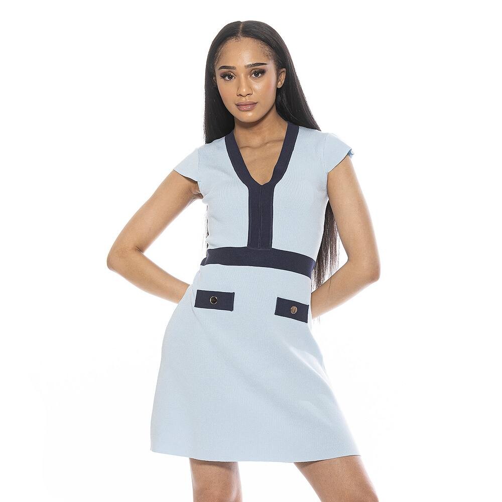 Женское вязаное мини-платье с v-образным вырезом и контрастной отделкой ALEXIA ADMOR Rhea, цвет Halogen Blue 
Женское вязаное мини-платье с v-образным вырезом и контрастной отделкой ALEXIA ADMOR Rhea, цвет Halogen Blue