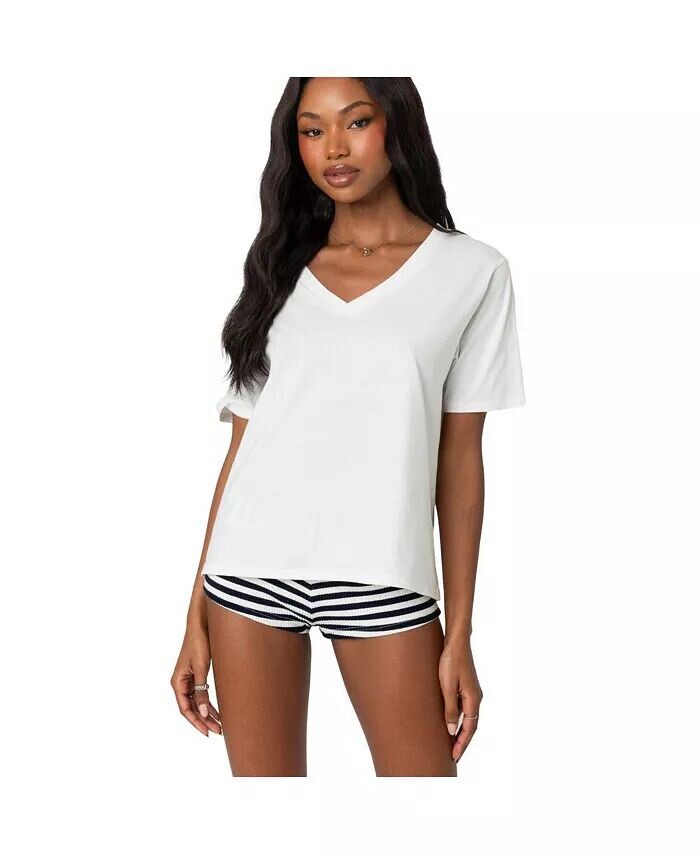 Женская футболка свободного кроя с V-образным вырезом Edikted, белый 
Женская футболка свободного кроя с V-образным вырезом Edikted, белый