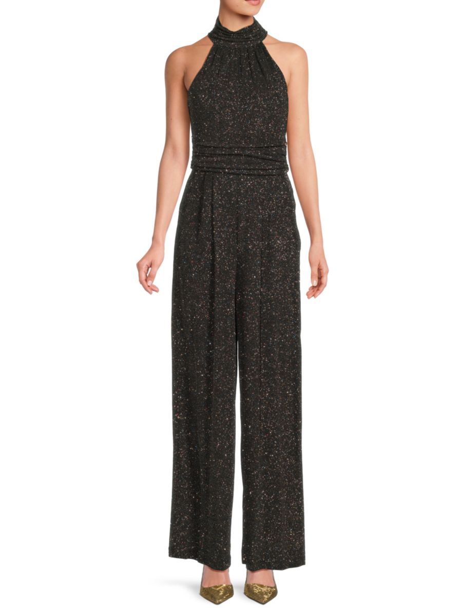 Блестящий комбинезон с широкими штанинами и халтер-воротом Eliza J, черный 
Блестящий комбинезон с широкими штанинами и халтер-воротом Eliza J, черный