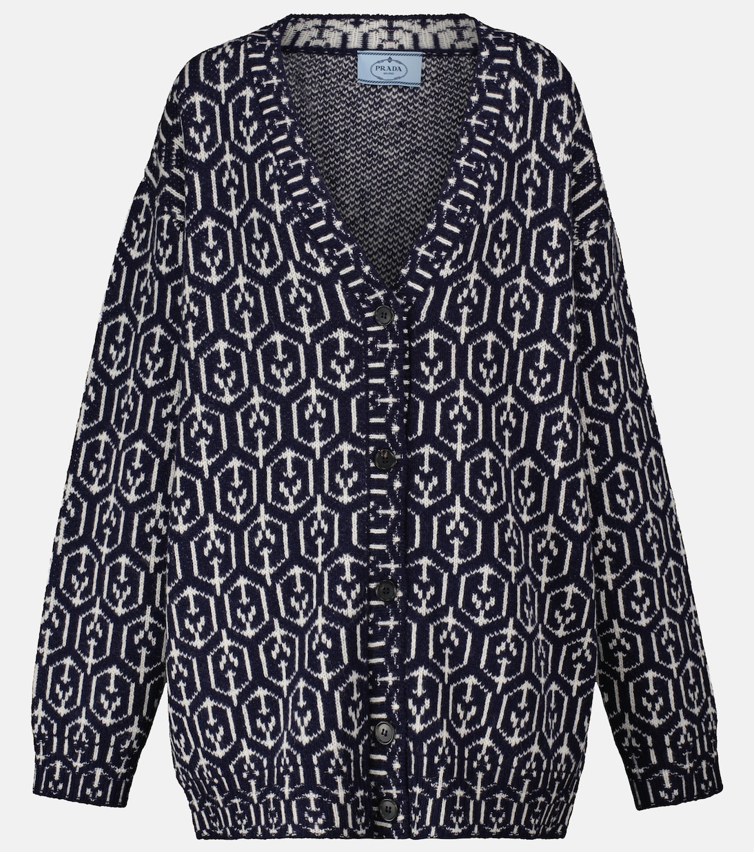 Жаккардовый шерстяной кардиган Prada, Blu+Bianco
Жаккардовый шерстяной кардиган Prada, Blu+Bianco