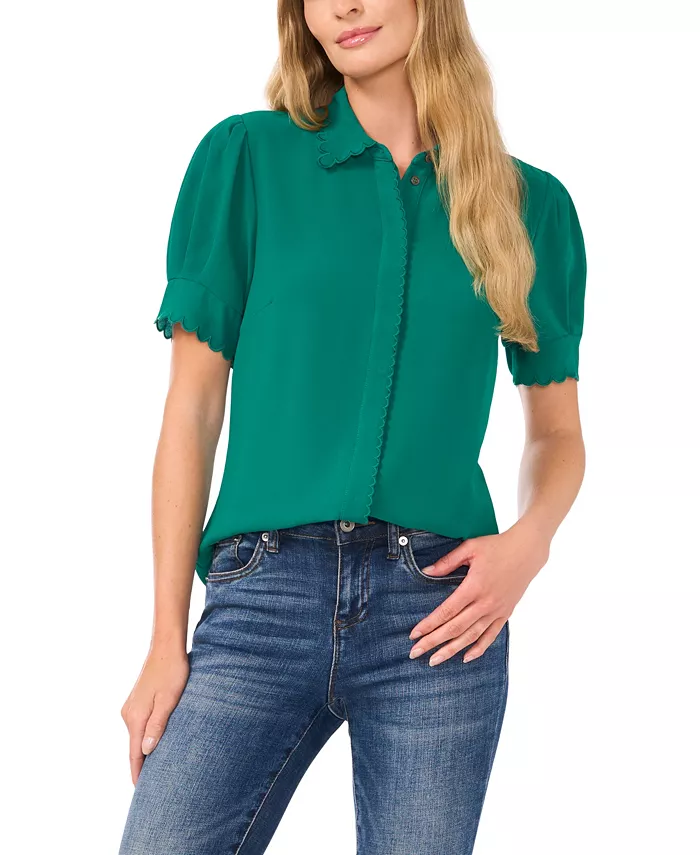 Женский топ с фестончатыми рукавами-буфами и застежкой на пуговицы спереди CeCe, зеленый 
Женский топ с фестончатыми рукавами-буфами и застежкой на пуговицы спереди CeCe, зеленый