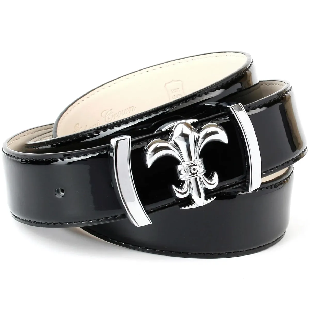 Кожаный ремень Anthoni Crown с лакированной застежкой в виде лилии, черный
Кожаный ремень Anthoni Crown с лакированной застежкой в виде лилии, черный