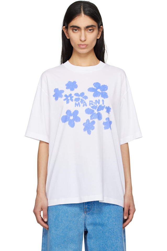 Хлопковая футболка с ромашками Marni, белый 
Хлопковая футболка с ромашками Marni, белый