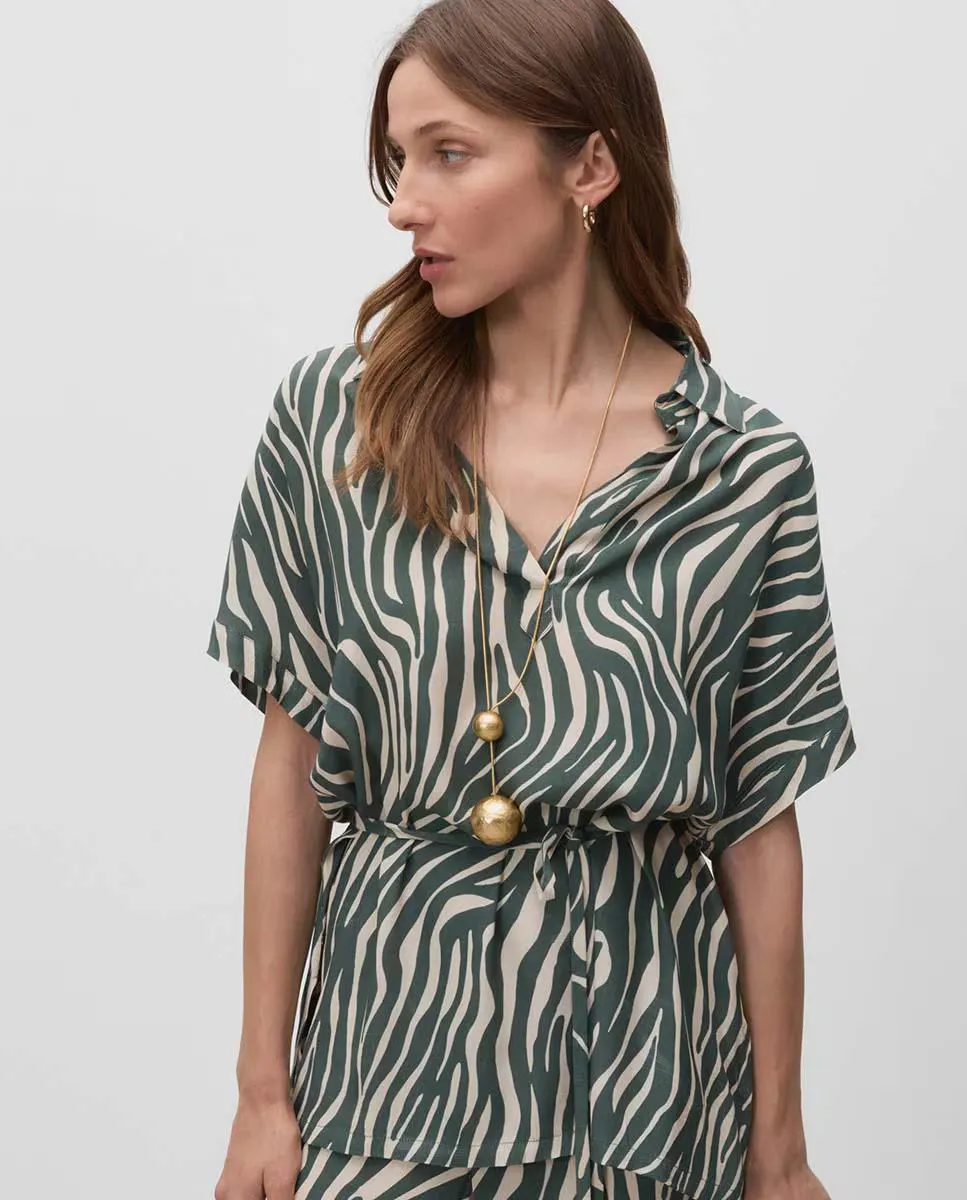 Женский блузон с принтом и поясом Simorra, зеленый 
Женский блузон с принтом и поясом Simorra, зеленый