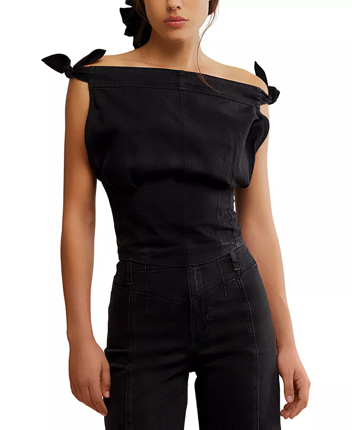 Женская хлопковая джинсовая блузка Louie с завязками на плечах Free People, черный 
Женская хлопковая джинсовая блузка Louie с завязками на плечах Free People, черный