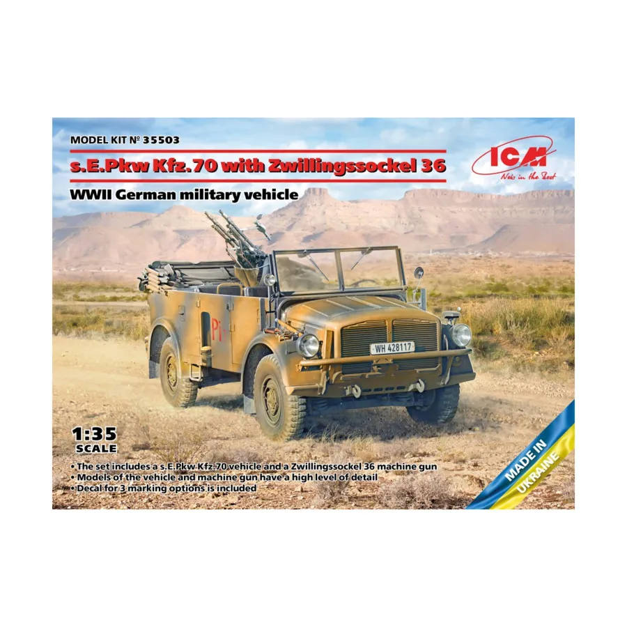 Немецкий военный автомобиль SEPkw Kfz.70 времен Второй мировой войны с Zwillingssockel 36, Military Models 1/35 Scale (ICM)
Немецкий военный автомобиль SEPkw Kfz.70 времен Второй мировой войны с Zwillingssockel 36, Military Models 1/35 Scale (ICM)