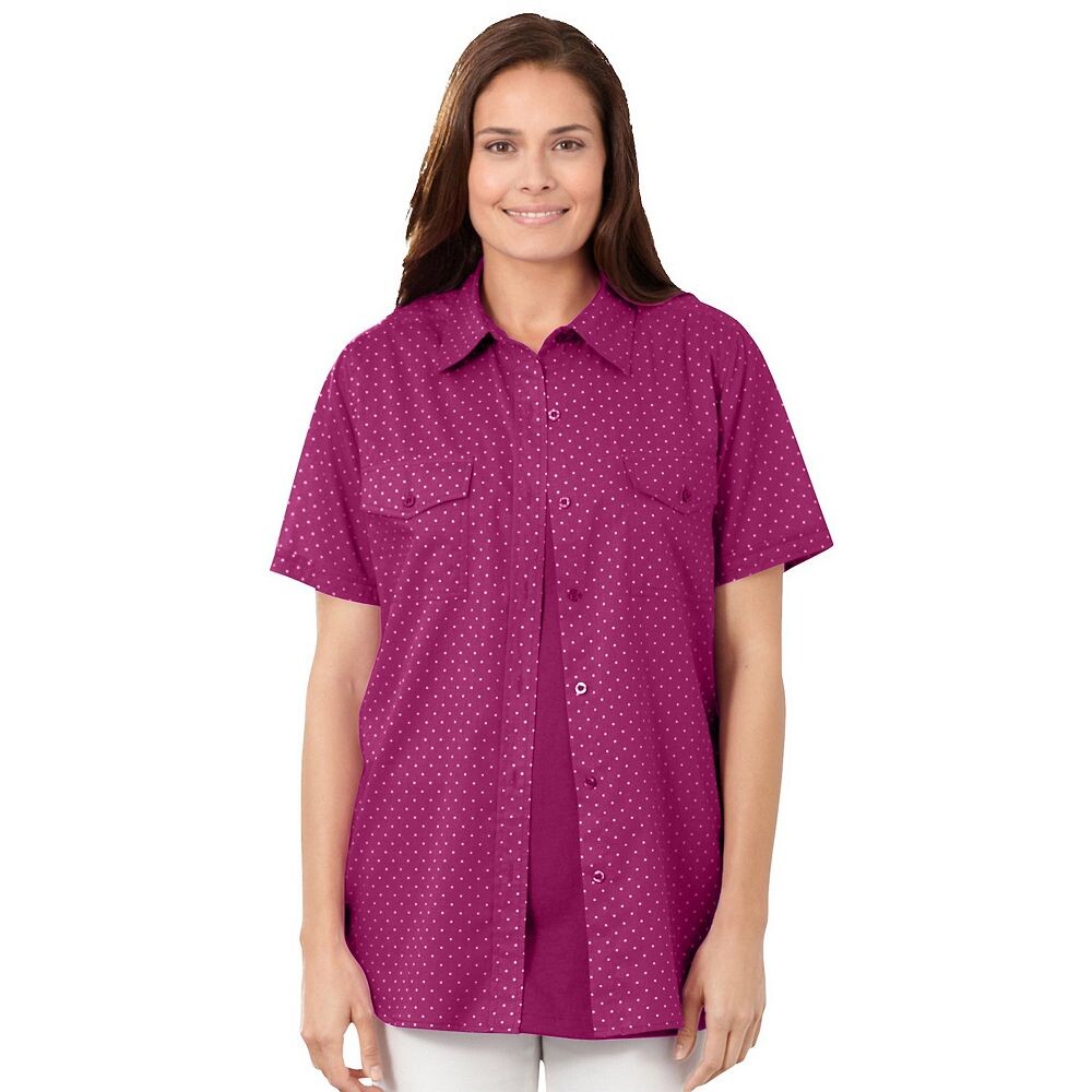Женщина в женской хлопковой походной рубашке больших размеров с короткими рукавами Woman Within, цвет Raspberry Mini Dot
Женщина в женской хлопковой походной рубашке больших размеров с короткими рукавами Woman Within, цвет Raspberry Mini Dot
