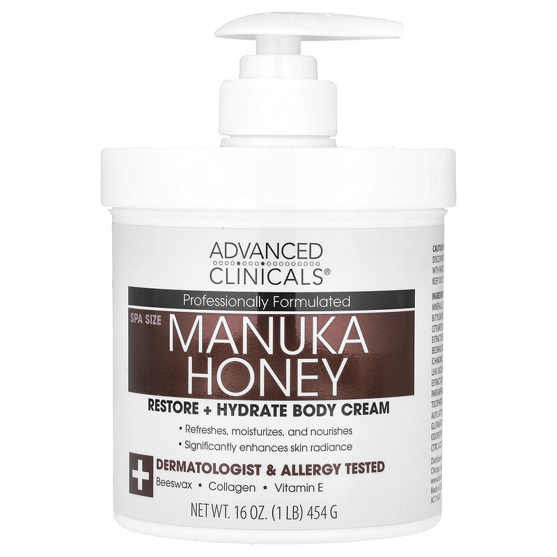 Advanced Clinicals, Manuka Honey, восстанавливающий и увлажняющий крем для тела, 454 г (16 унций)
Advanced Clinicals, Manuka Honey, восстанавливающий и увлажняющий крем для тела, 454 г (16 унций)