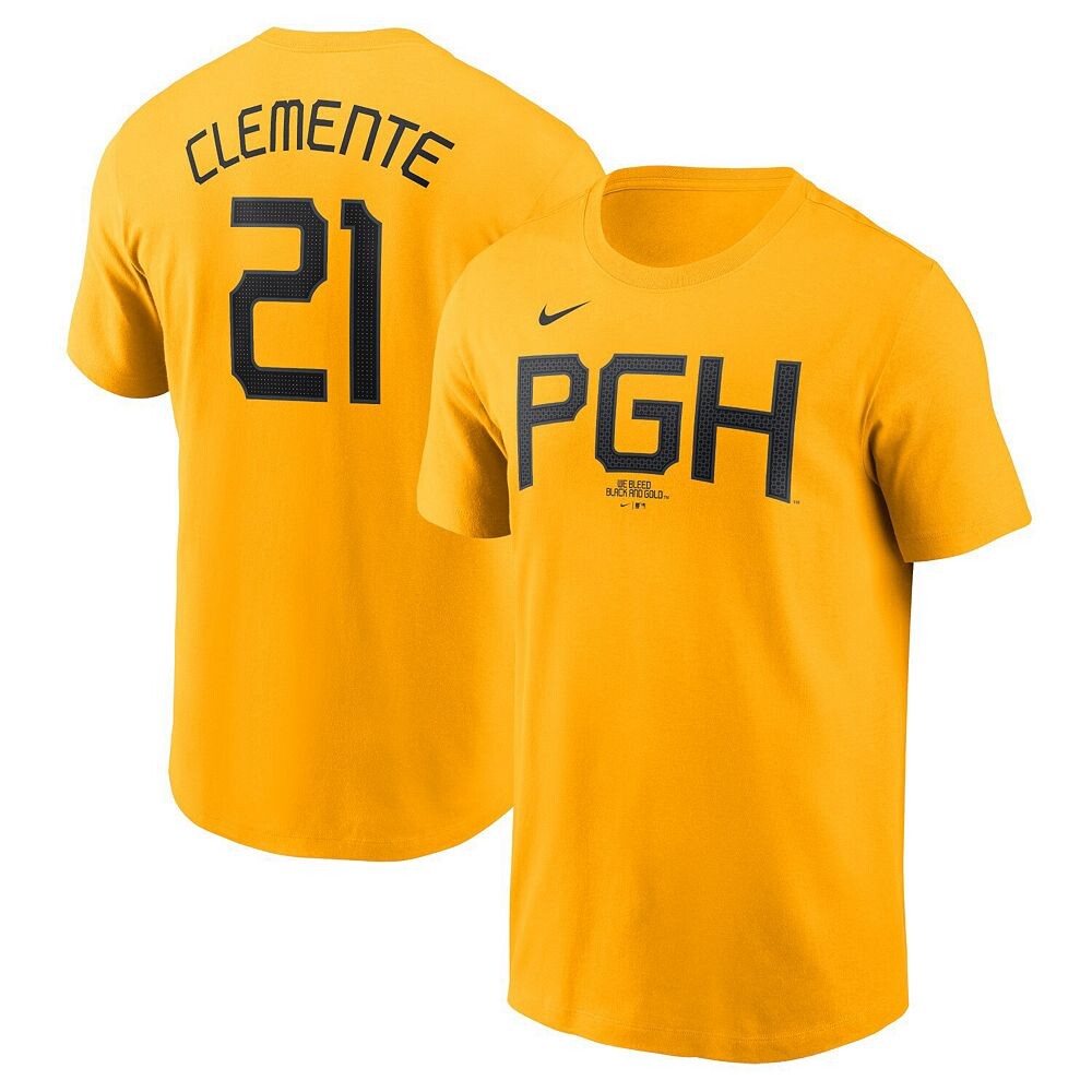 Мужская футболка Nike Roberto Clemente Gold Pittsburgh Pirates City Connect Fuse с именем и номером, цвет Pir Gold
Мужская футболка Nike Roberto Clemente Gold Pittsburgh Pirates City Connect Fuse с именем и номером, цвет Pir Gold