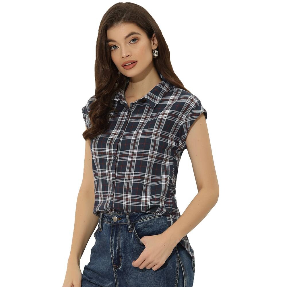 Женская рубашка с острым воротником и короткими рукавами в клетку на пуговицах ALLEGRA K, цвет Navy Blue 
Женская рубашка с острым воротником и короткими рукавами в клетку на пуговицах ALLEGRA K, цвет Navy Blue