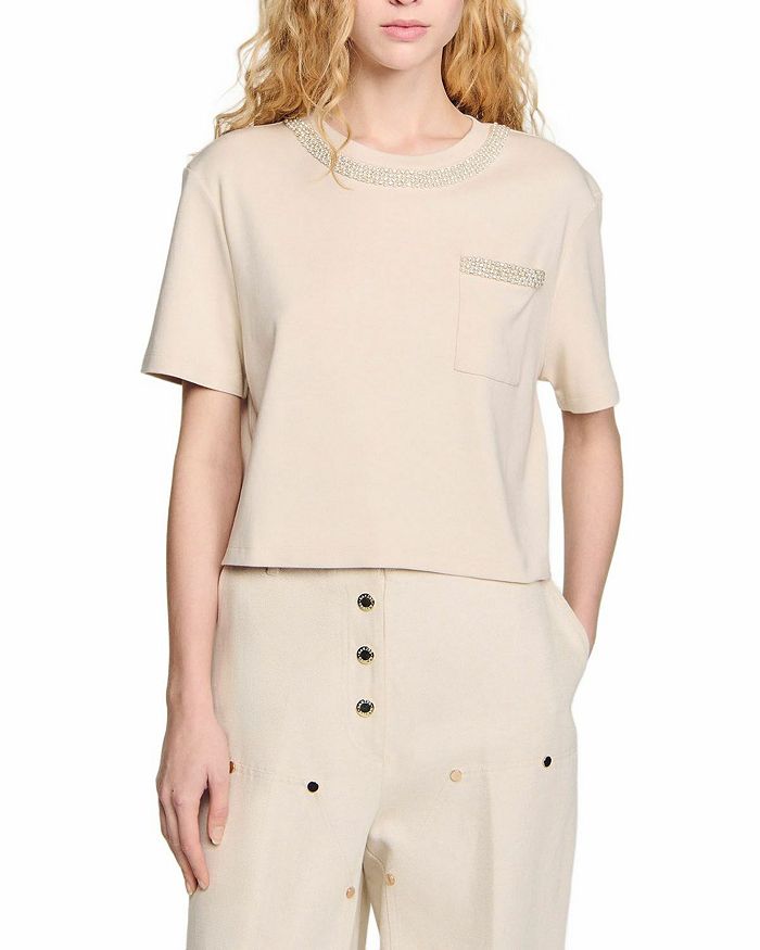 Футболка с отделкой из страз Sandro, коричневый/бежевый 
Футболка с отделкой из страз Sandro, коричневый/бежевый