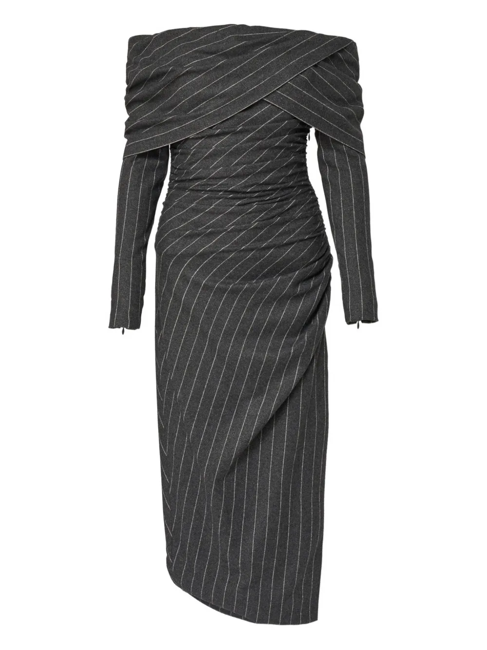 Полосатое платье асимметричного кроя с открытыми плечами Carolina Herrera, серый
Полосатое платье асимметричного кроя с открытыми плечами Carolina Herrera, серый