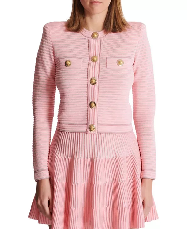 Кардиган с длинными рукавами, выполненный из фактурной вязки. Balmain, розовый
Кардиган с длинными рукавами, выполненный из фактурной вязки. Balmain, розовый