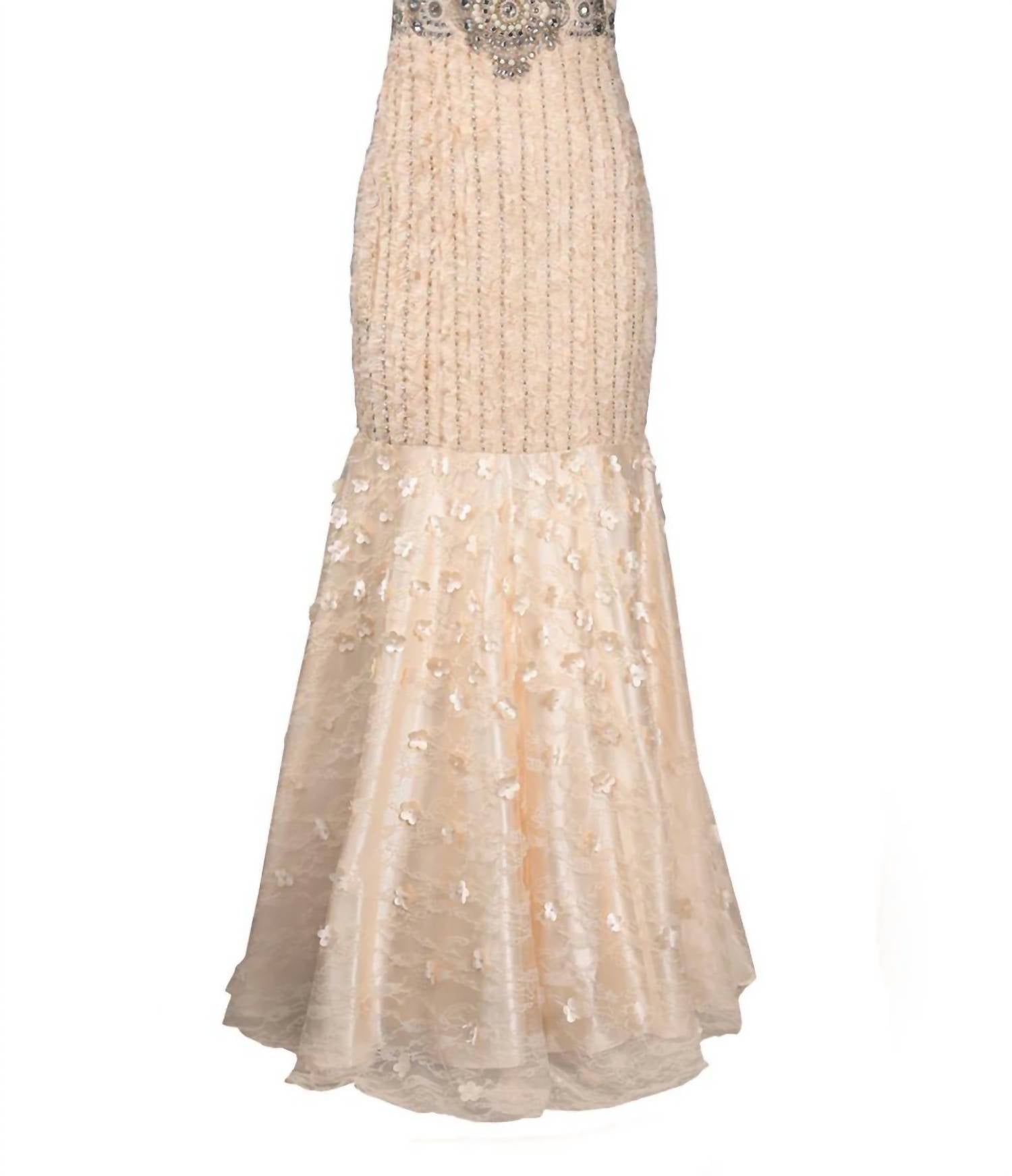 Бежевый платье-русалка с цветочным декором и стразами Sue Wong
Бежевый платье-русалка с цветочным декором и стразами Sue Wong