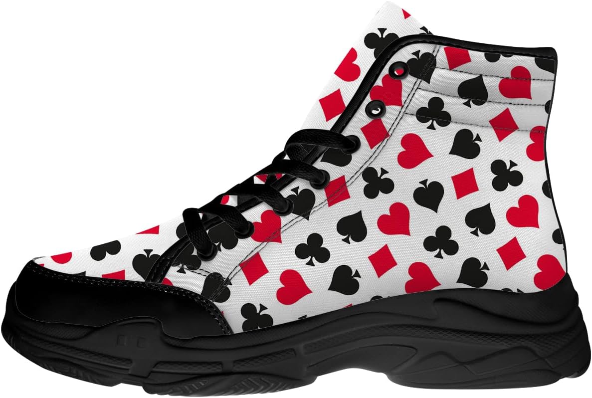 Кеды с шнуровкой на высоком каблуке из холщовой ткани с игральными картами для мужчин и женщин, подарок для него и для нее Quorax, белый/черный/красный
Кеды с шнуровкой на высоком каблуке из холщовой ткани с игральными картами для мужчин и женщин, подарок для него и для нее Quorax, белый/черный/красный