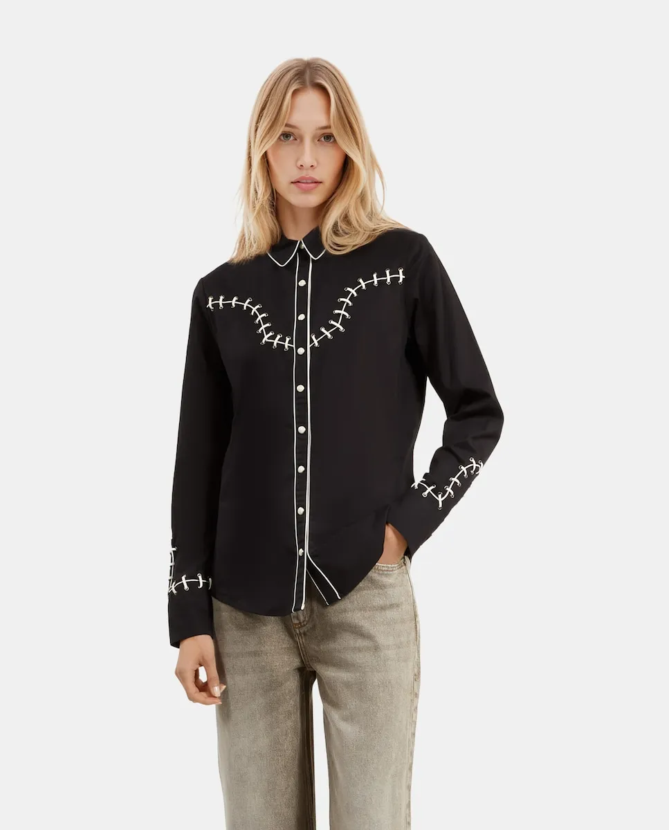 Женская хлопковая рубашка с люверсами и бантами The Kooples, черный
Женская хлопковая рубашка с люверсами и бантами The Kooples, черный