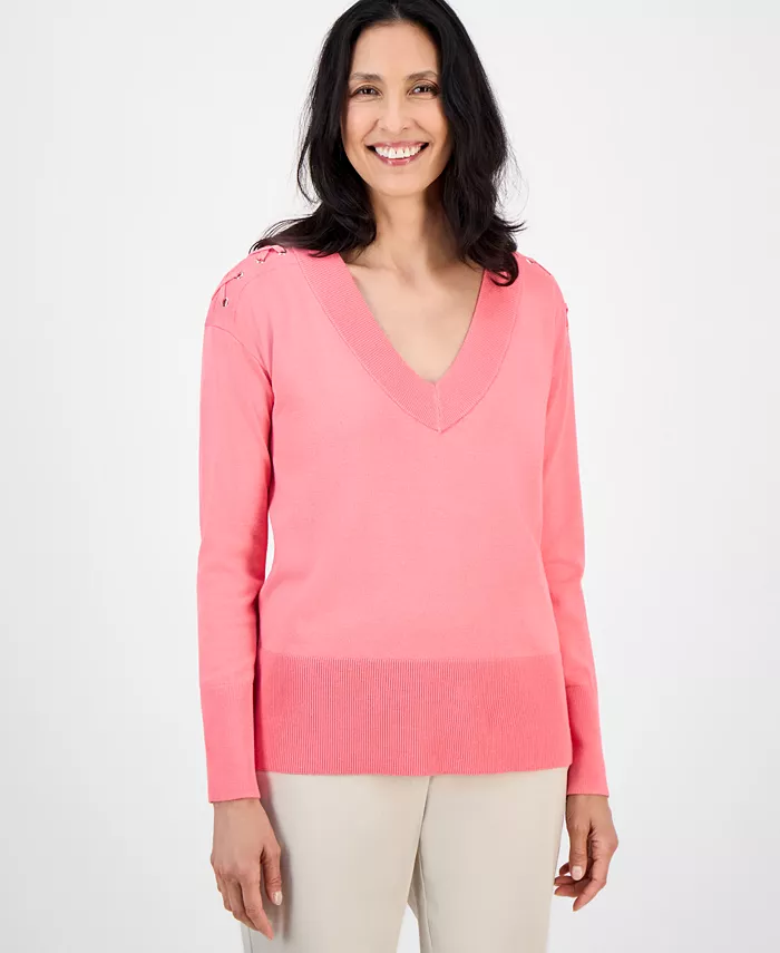 Женский свитер со шнуровкой на плечах и V-образным вырезом JM Collection, розовый
Женский свитер со шнуровкой на плечах и V-образным вырезом JM Collection, розовый