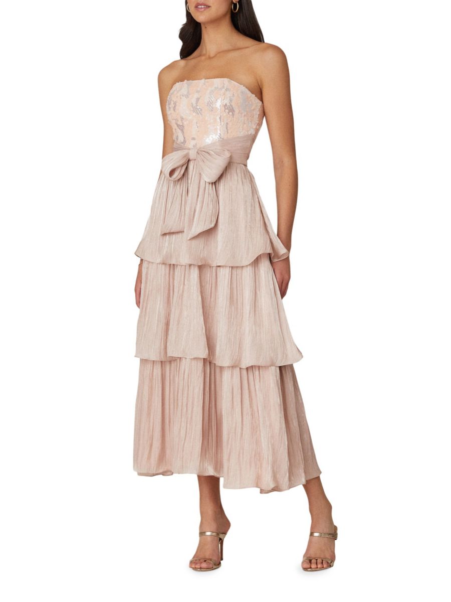 Платье миди без бретелек с жемчужными пайетками Shoshanna, цвет Blush Pink 
Платье миди без бретелек с жемчужными пайетками Shoshanna, цвет Blush Pink