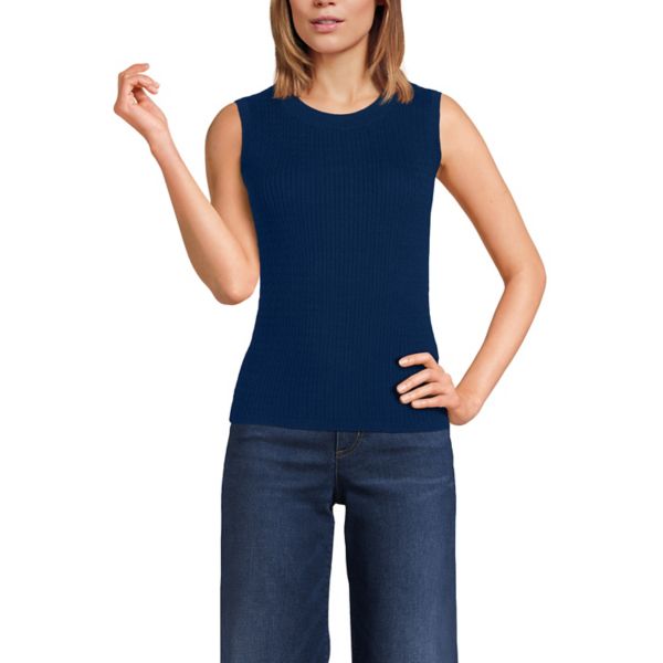Женский свитер без рукавов с тонкой резинкой и круглым вырезом Lands' End, синий 
Женский свитер без рукавов с тонкой резинкой и круглым вырезом Lands' End, синий