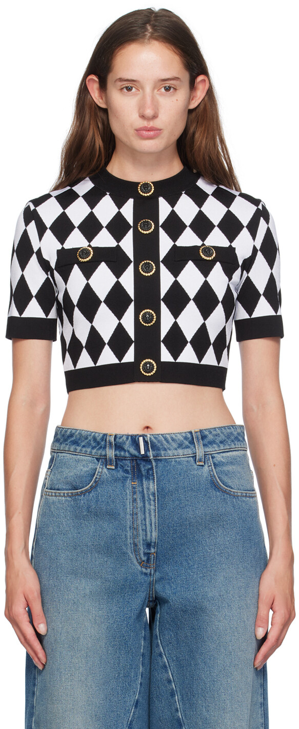 Жаккардовый кардиган с черно-белыми ромбами Balmain
Жаккардовый кардиган с черно-белыми ромбами Balmain