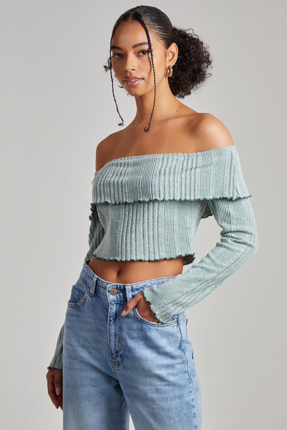 Широкий топ с открытыми плечами в рубчик с начесом Pink Vanilla, зеленый
Широкий топ с открытыми плечами в рубчик с начесом Pink Vanilla, зеленый