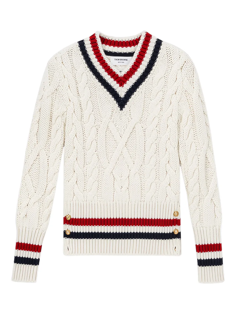 Пуловер с V-образным вырезом, связанный косами THOM BROWNE, нейтральный
Пуловер с V-образным вырезом, связанный косами THOM BROWNE, нейтральный