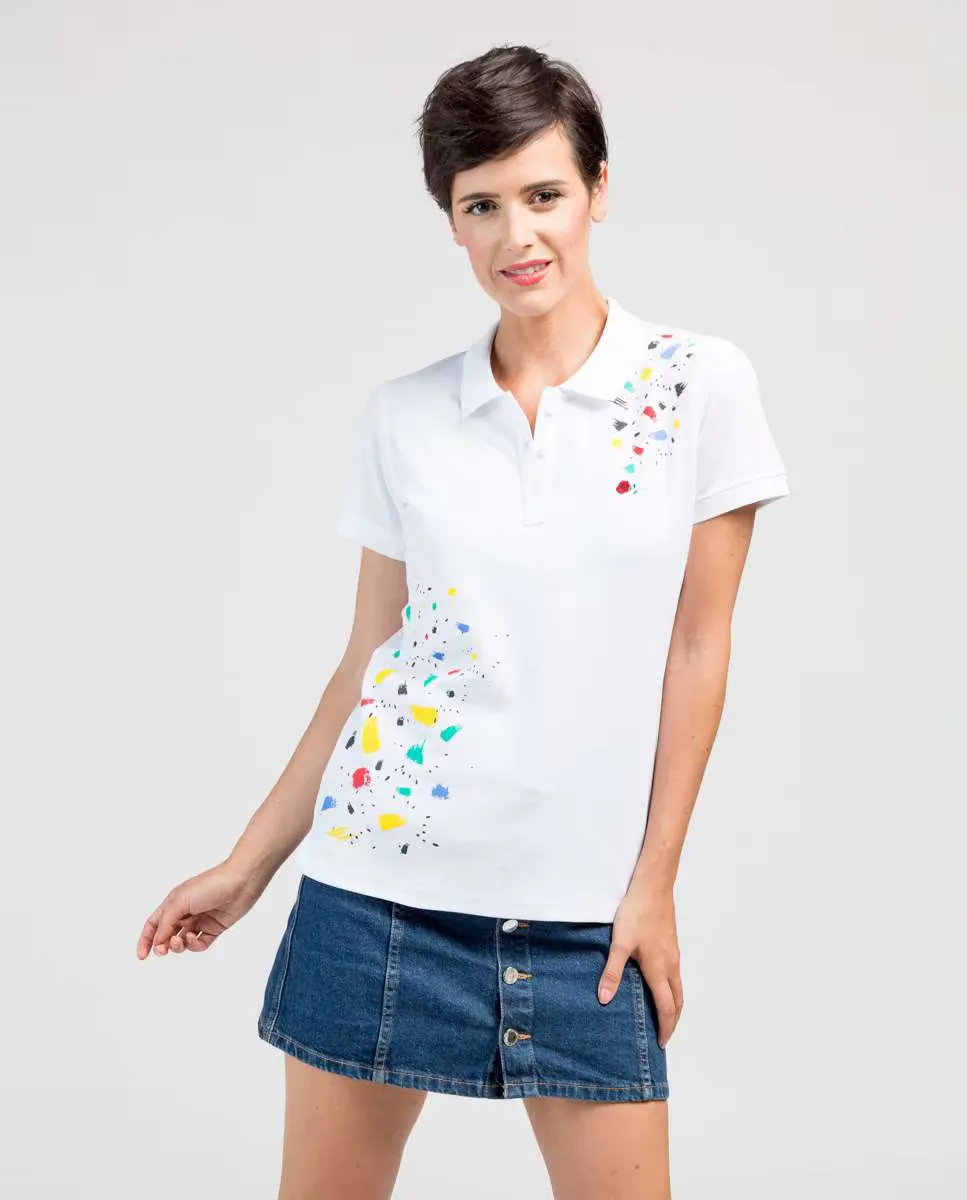 Женская рубашка-поло из пике с ярким принтом De la Roca, белый 
Женская рубашка-поло из пике с ярким принтом De la Roca, белый