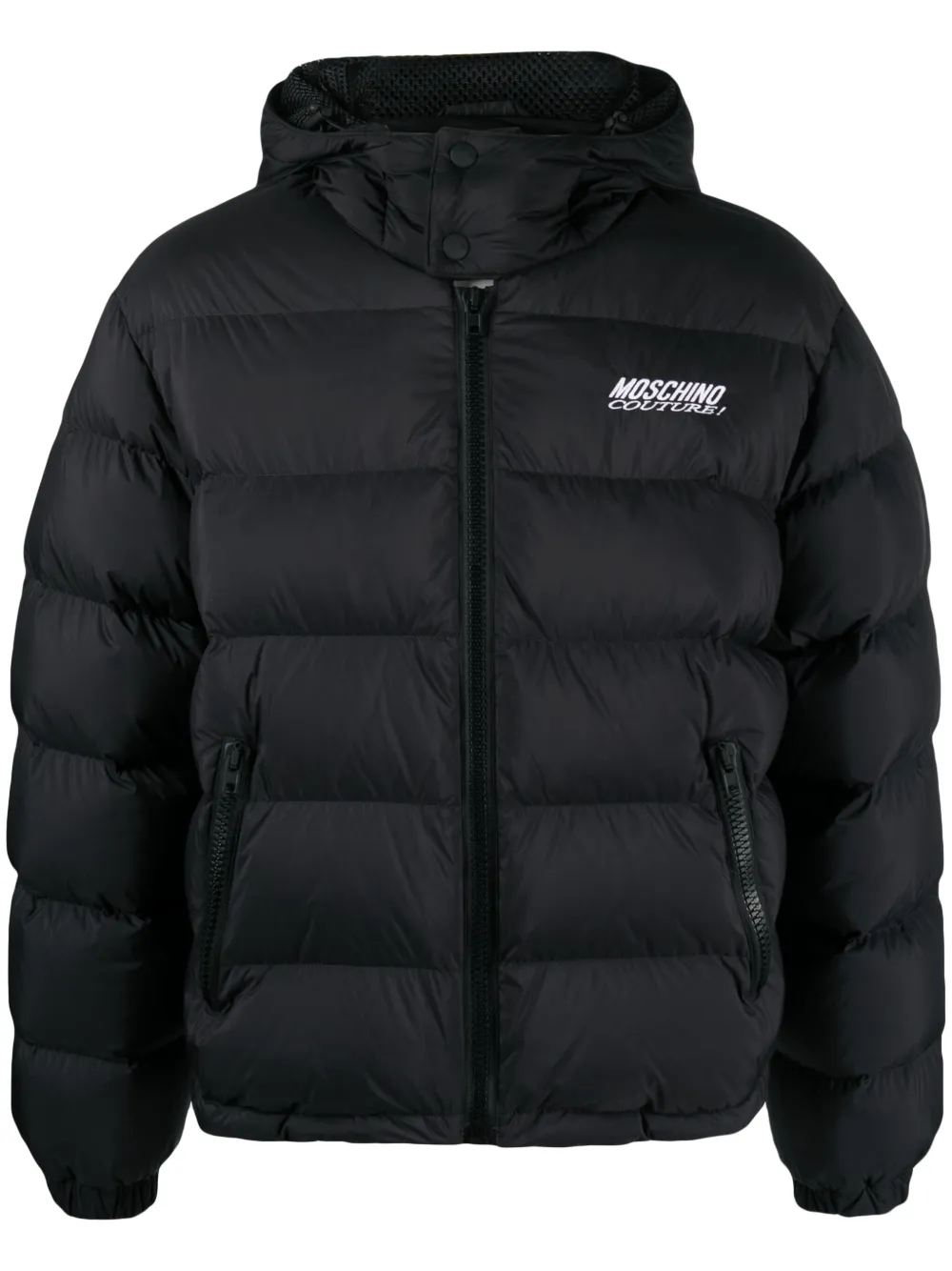 Пуховик с вышитым логотипом Moschino, черный 
Пуховик с вышитым логотипом Moschino, черный