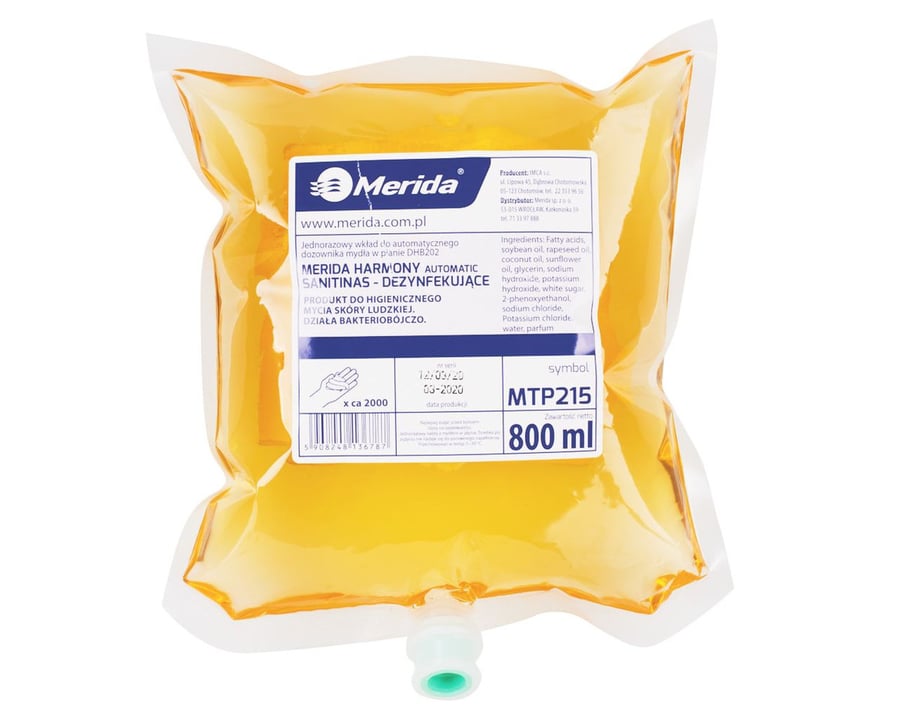 Merida MTP215 Пенное мыло HARMONY AUTOMATIC SANITINAS ДЕЗИНФИЦИРУЮЩЕЕ, одноразовый картридж 800 мл, аромат грейпфрута
Merida MTP215 Пенное мыло HARMONY AUTOMATIC SANITINAS ДЕЗИНФИЦИРУЮЩЕЕ, одноразовый картридж 800 мл, аромат грейпфрута