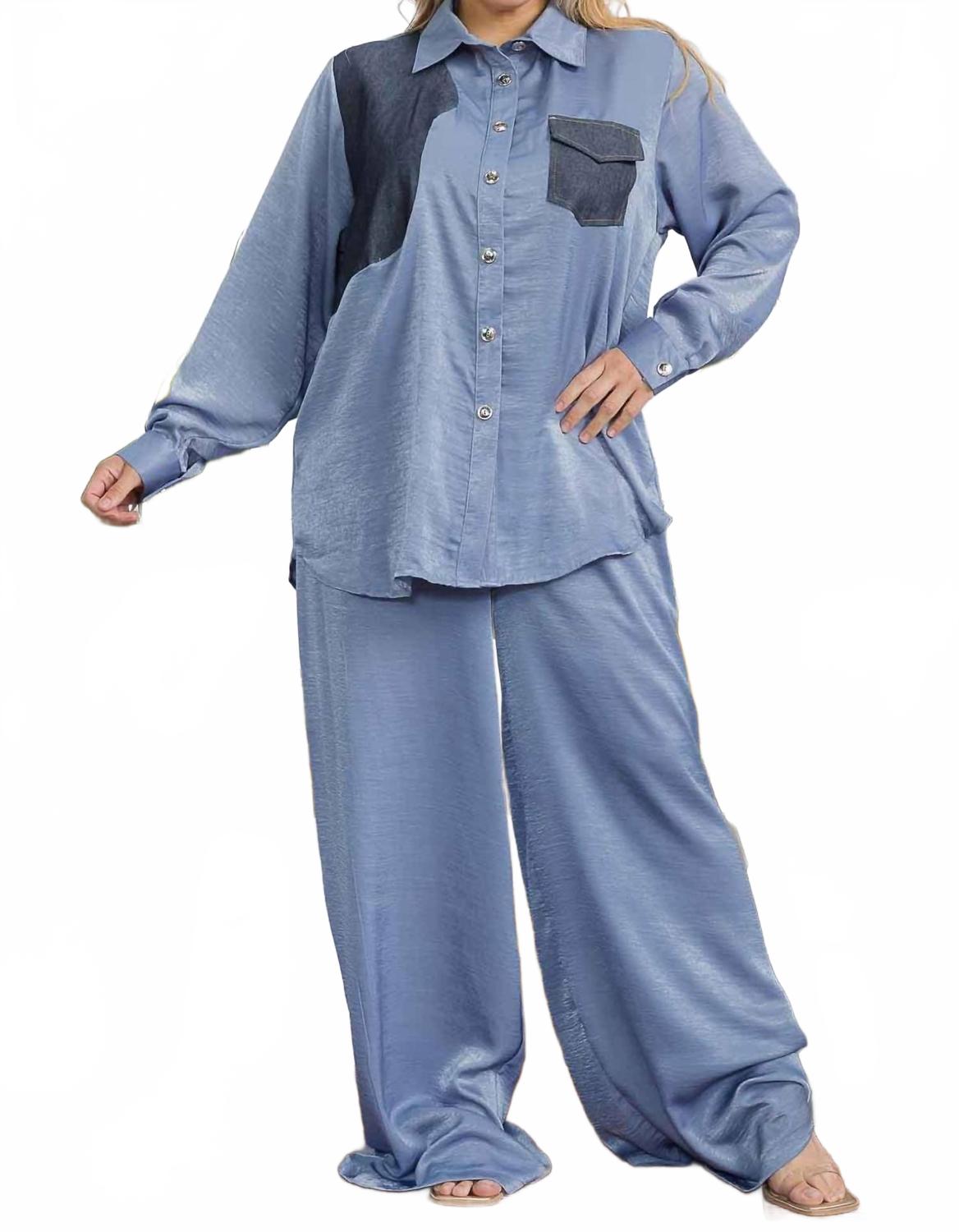 Карманная рубашка и брюки-клеш в синем цвете Karen T Design
Карманная рубашка и брюки-клеш в синем цвете Karen T Design