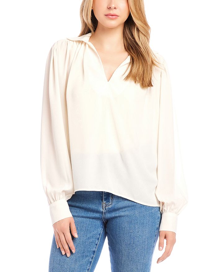 Блузка с V-образным вырезом и сборками Karen Kane, слоновая кость/кремовый 
Блузка с V-образным вырезом и сборками Karen Kane, слоновая кость/кремовый