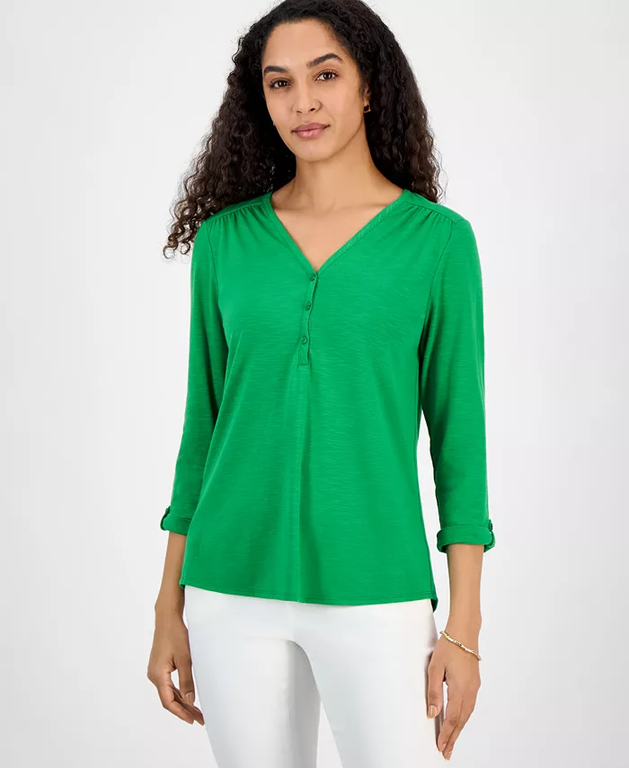 Женский топ с драпировкой, манжетами на рукавах и воротником хенли Kasper, зеленый
Женский топ с драпировкой, манжетами на рукавах и воротником хенли Kasper, зеленый