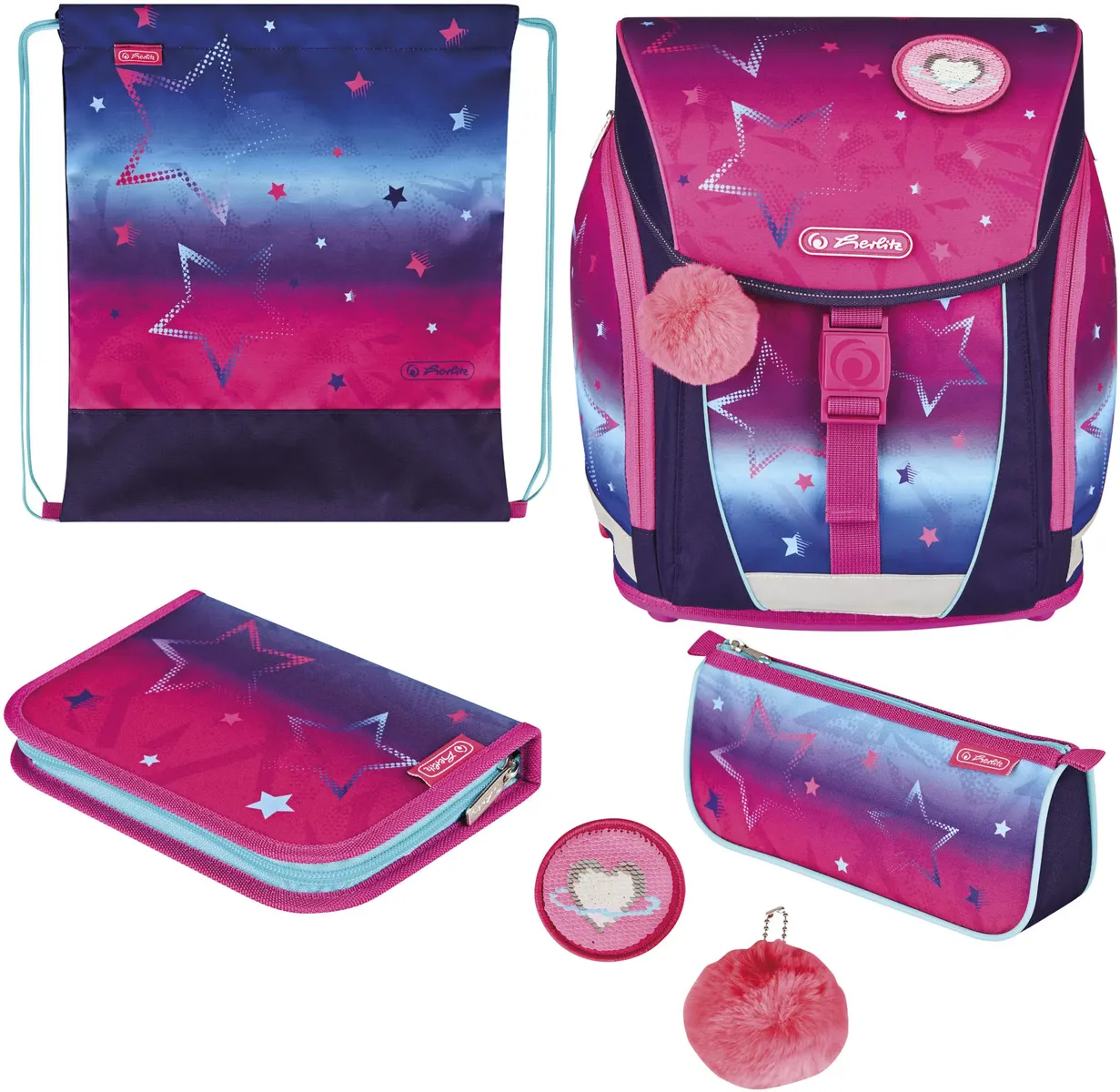 Школьная сумка Herlitz "FiloLight Plus, Pink Stars", светоотражающие полосы с флуоресцентной поверхностью на светоотражателях на плечевых ремнях, со спортивной сумкой, чехлом, шезлонгом и спортивной сумкой, цвет Pink Stars
Школьная сумка Herlitz "FiloLight Plus, Pink Stars", светоотражающие полосы с флуоресцентной поверхностью на светоотражателях на плечевых ремнях, со спортивной сумкой, чехлом, шезлонгом и спортивной сумкой, цвет Pink Stars