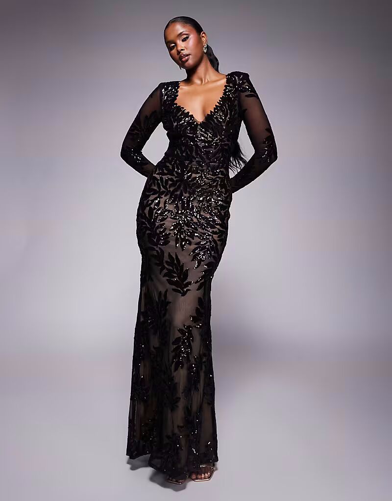 Платье макси Goddiva с длинными рукавами и пайетками в виде листьев черного цвета
Платье макси Goddiva с длинными рукавами и пайетками в виде листьев черного цвета