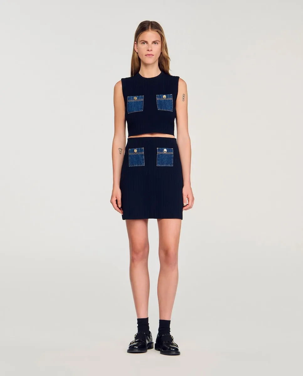 Короткая плиссированная юбка двухцветная Sandro, темно-синий 
Короткая плиссированная юбка двухцветная Sandro, темно-синий