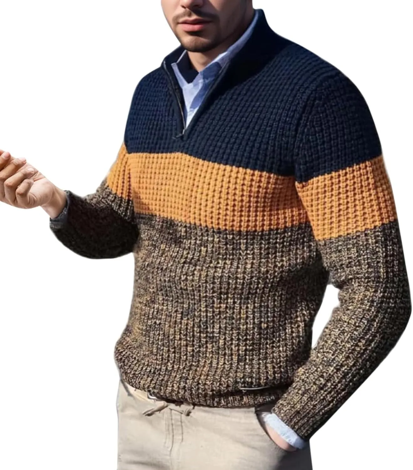 Мужской свитер с четвертью молнии в полоску
Мужской свитер с четвертью молнии в полоску