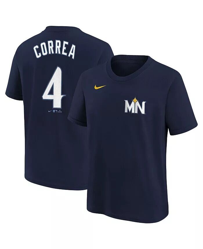 Темно-синяя футболка Carlos Correa для мальчиков и девочек Minnesota Twins 2024 City Connect с именем и номером Nike, синий 
Темно-синяя футболка Carlos Correa для мальчиков и девочек Minnesota Twins 2024 City Connect с именем и номером Nike, синий