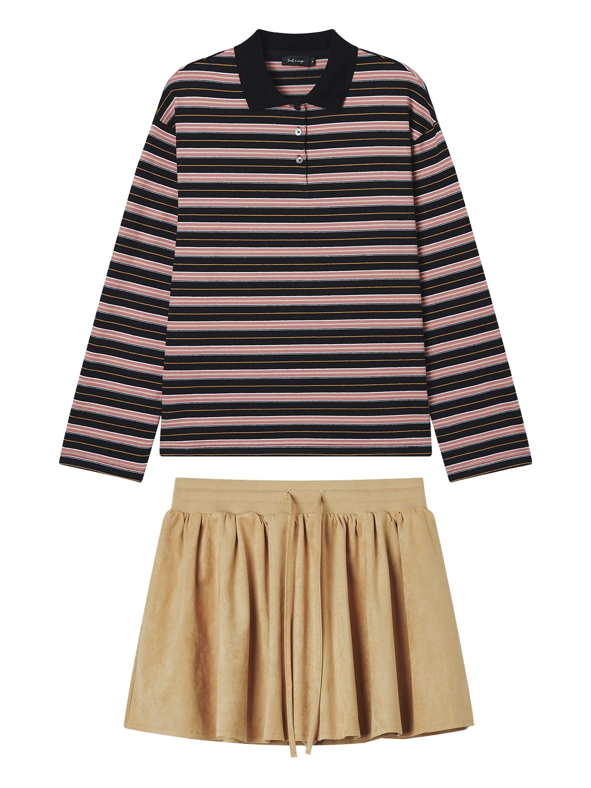Комплект из рубашки поло и юбки в полоску Tout A Coup, бежевый
Комплект из рубашки поло и юбки в полоску Tout A Coup, бежевый