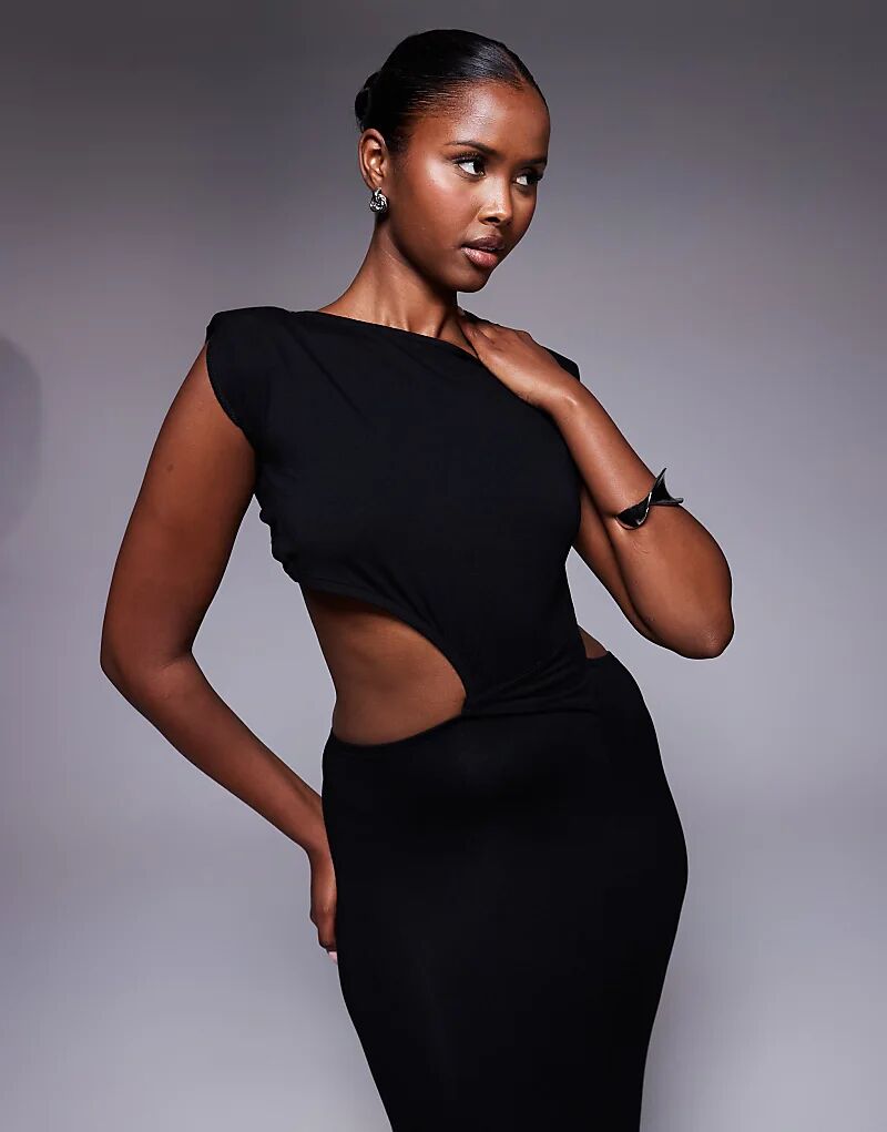 Платье миди с подплечниками ASOS DESIGN VE, черное, с перекрученной талией 
Платье миди с подплечниками ASOS DESIGN VE, черное, с перекрученной талией