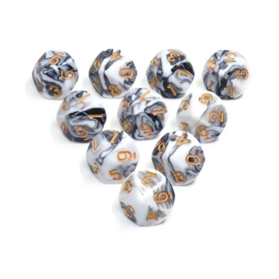Набор d10 — белый и черный с золотом (10), Dice Sets - Resin/Acrylic - Black, Grey, White, & Metallics (Foam Brain Games)
Набор d10 — белый и черный с золотом (10), Dice Sets - Resin/Acrylic - Black, Grey, White, & Metallics (Foam Brain Games)