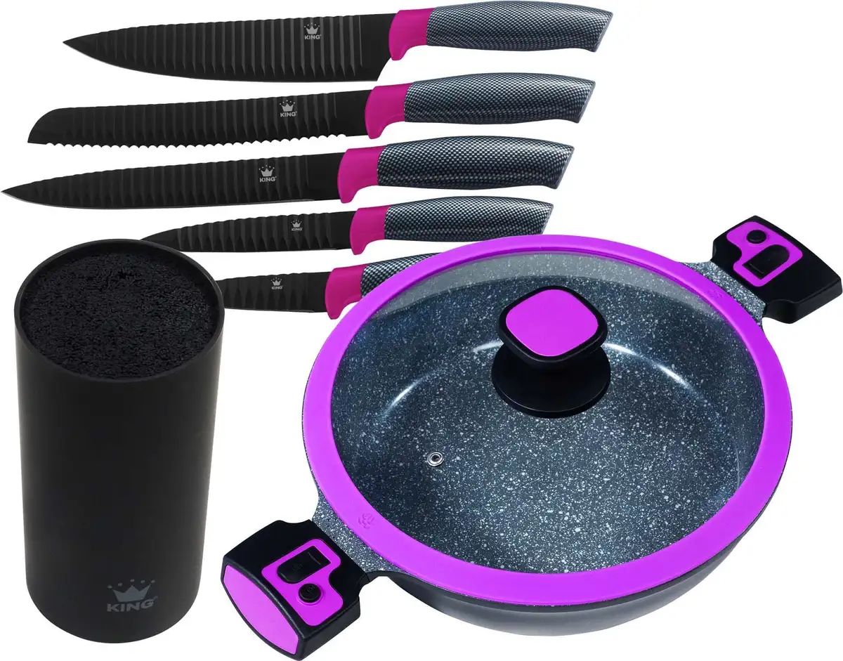 Кастрюля KING "Click-Grip", литой алюминий, (набор, 7 шт.), вкл. Блок ножей, 6 предметов, индукционный Ø 28 см + высота 8 см, цвет beere/schwarz
Кастрюля KING "Click-Grip", литой алюминий, (набор, 7 шт.), вкл. Блок ножей, 6 предметов, индукционный Ø 28 см + высота 8 см, цвет beere/schwarz