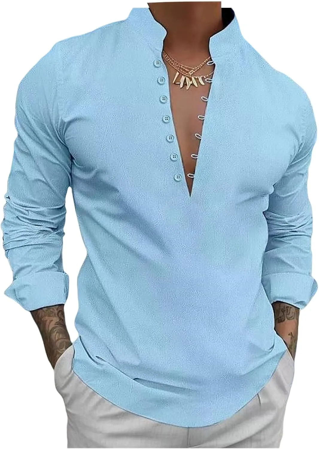 Мужская рубашка с длинными рукавами и воротником стойка, casual
Мужская рубашка с длинными рукавами и воротником стойка, casual