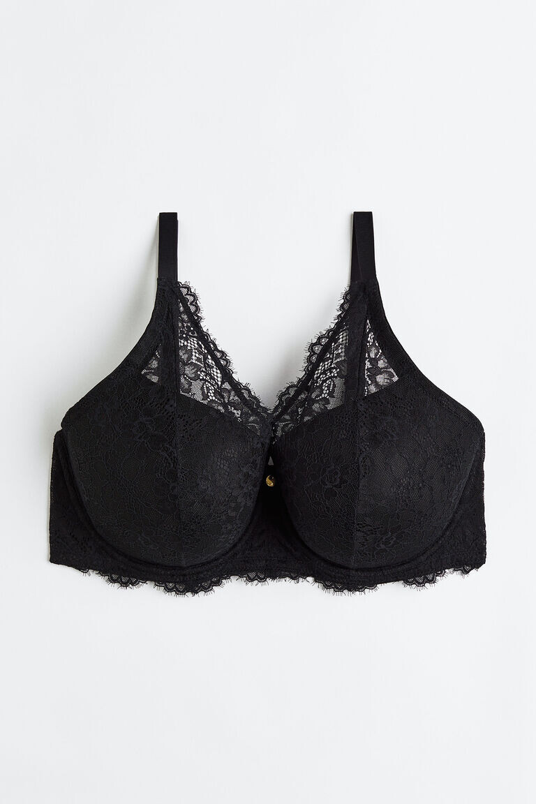 Кружевной бюстгальтер с подкладками на косточках H&M, черный 
Кружевной бюстгальтер с подкладками на косточках H&M, черный