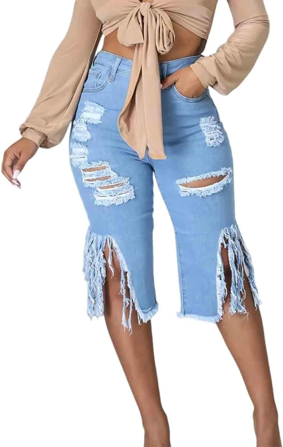 Женские рваные джинсы с кисточками, зауженные, высокая посадка CBDAO
Женские рваные джинсы с кисточками, зауженные, высокая посадка CBDAO