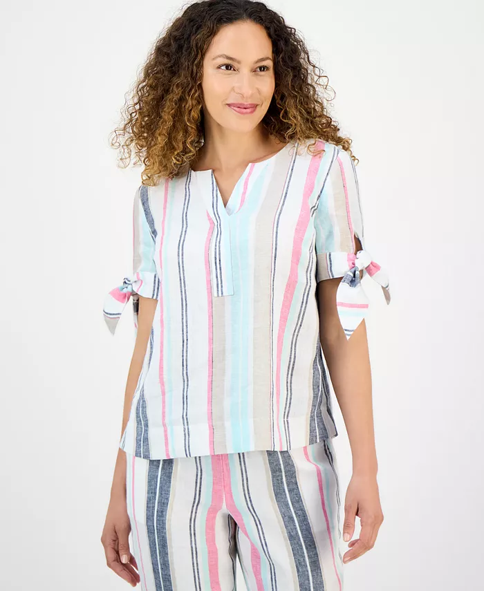 Миниатюрный льняной топ в полоску с завязками на манжетах и короткими рукавами Charter Club, белый
Миниатюрный льняной топ в полоску с завязками на манжетах и короткими рукавами Charter Club, белый