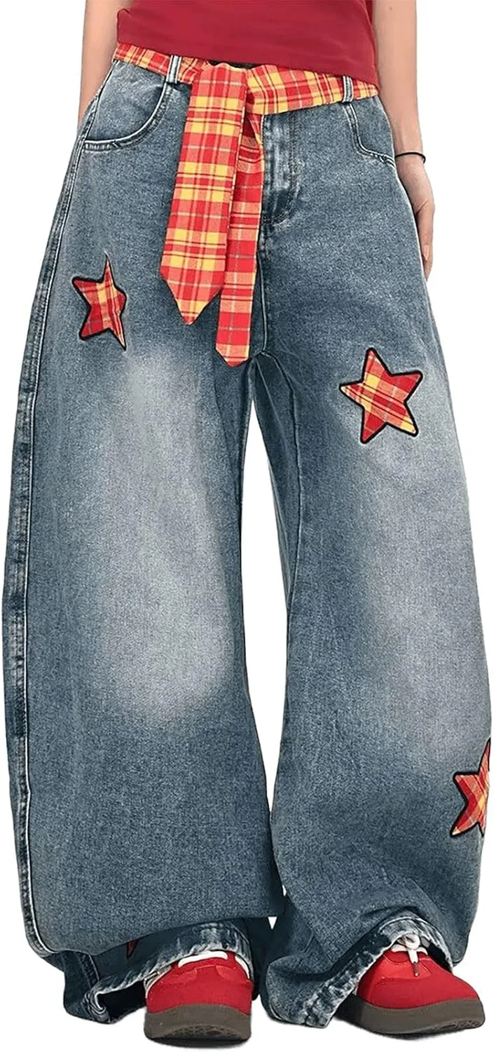 Женские джинсы с высокой талией и широкими штанинами в стиле винтаж, голубые, с потертостями и звездными нашивками CBDAO
Женские джинсы с высокой талией и широкими штанинами в стиле винтаж, голубые, с потертостями и звездными нашивками CBDAO