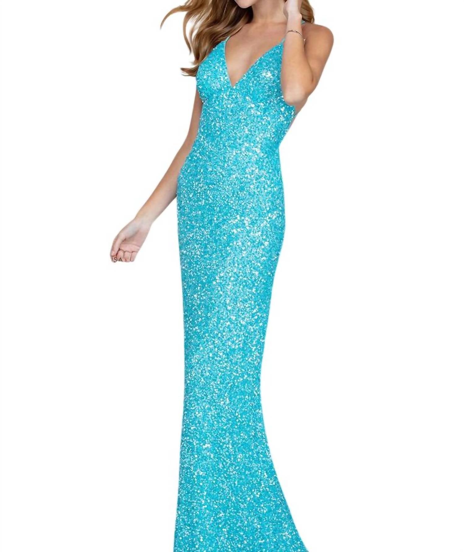 Бирюзовый вечерний платье с пайетками и открытой спиной Scala
Бирюзовый вечерний платье с пайетками и открытой спиной Scala