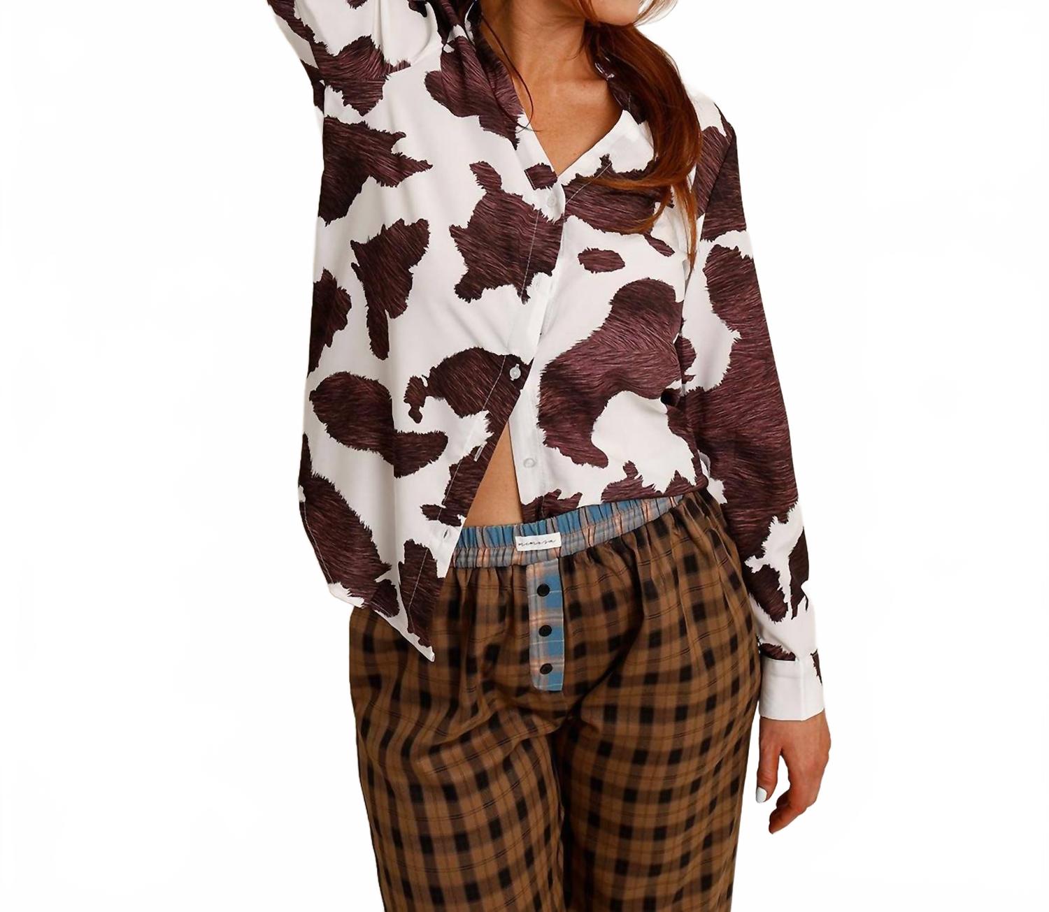 Майбель Коровья принт рубашка на пуговицах в бело-коричневом цвете SUNDAYUP
Майбель Коровья принт рубашка на пуговицах в бело-коричневом цвете SUNDAYUP