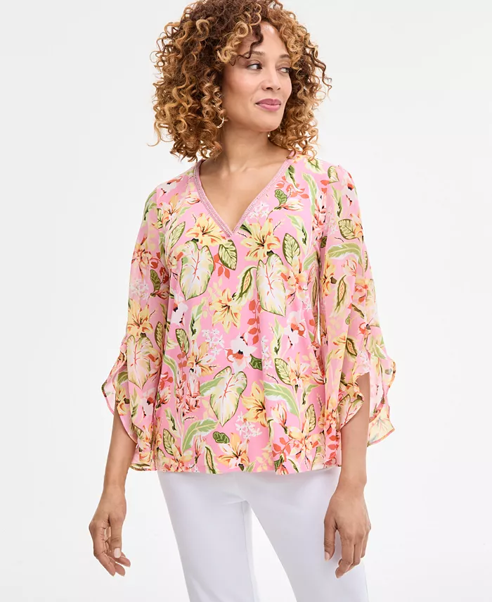 Женский топ с принтом, декором, V-образным вырезом и рукавами с рюшами JM Collection, розовый
Женский топ с принтом, декором, V-образным вырезом и рукавами с рюшами JM Collection, розовый